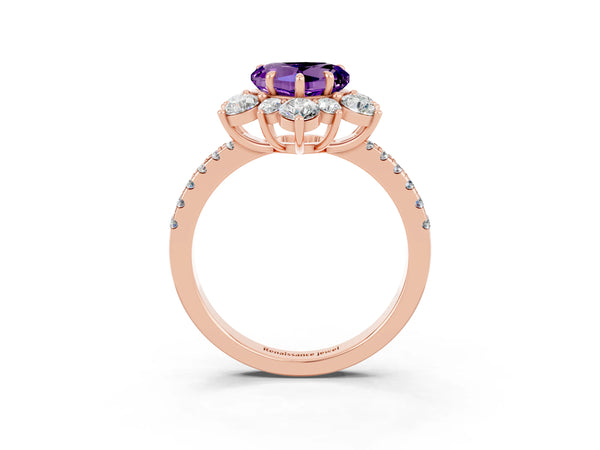 Rose gold Heart Cut Amethyst Floral Halo Ring with Round Pavé Band and Prong Setting