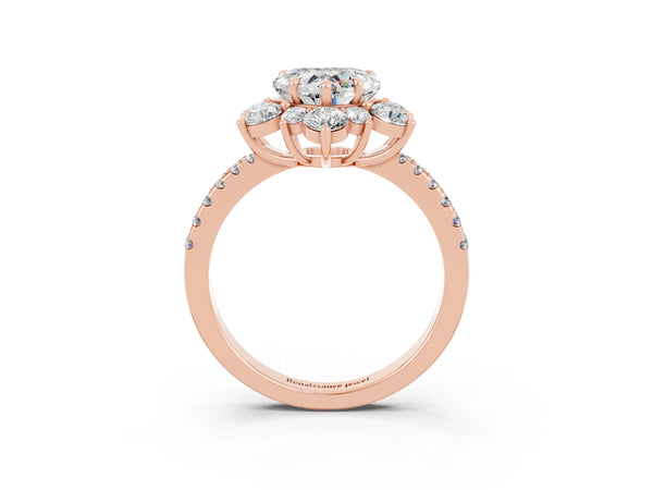 Rose gold Heart Cut Moissanite Floral Halo Ring with Round Pavé Band and Prong Setting