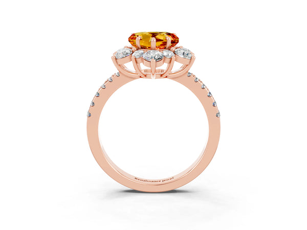 Rose gold Heart Cut Citrine Floral Halo Ring with Round Pavé Band and Prong Setting