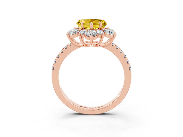Rose gold Heart Cut Yellow Sapphire Floral Halo Ring with Round Pavé Band and Prong Setting