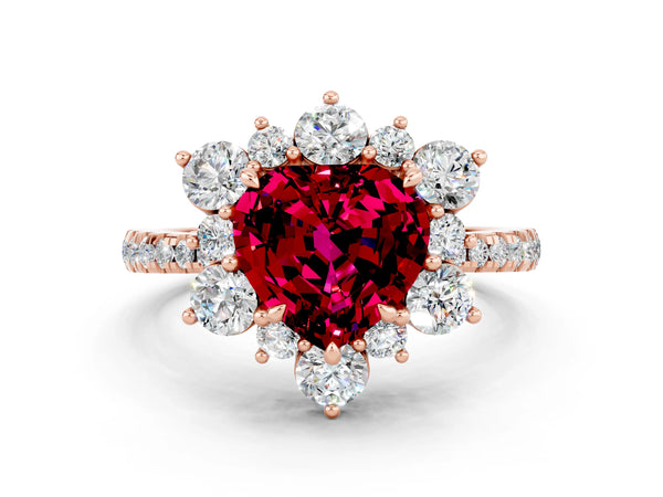 Rose gold Heart Cut Garnet Floral Halo Ring with Round Pavé Band and Prong Setting
