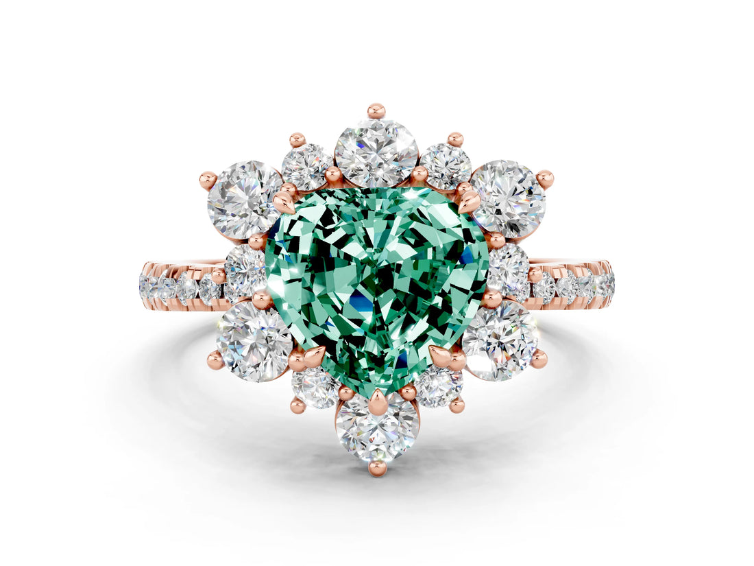 Rose gold Heart Cut Cut Diamond Floral Halo Pave Band with Prong Setting
