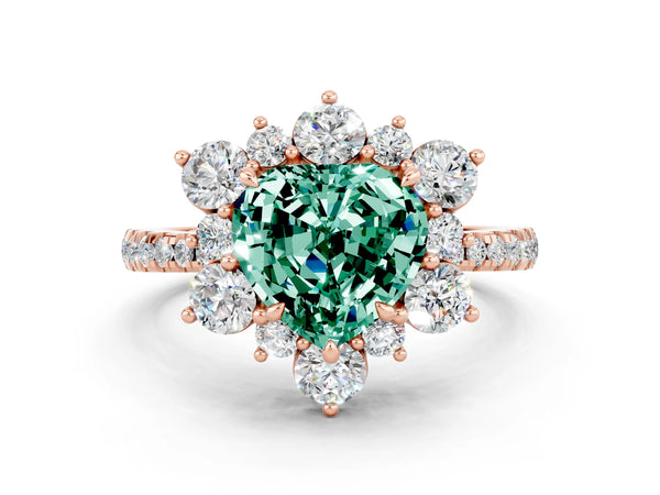 Rose gold Heart Cut Green Sapphire Floral Halo Ring with Round Pavé Band and Prong Setting