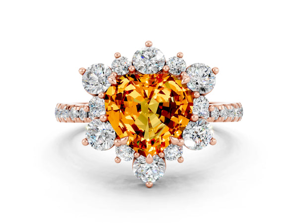 Rose gold Heart Cut Citrine Floral Halo Ring with Round Pavé Band and Prong Setting