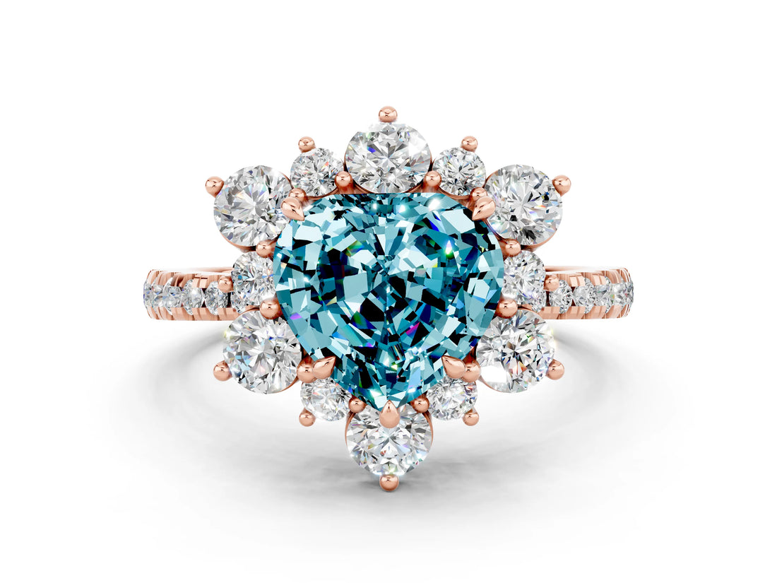 Rose gold Heart Cut Cut Diamond Floral Halo Pave Band with Prong Setting
