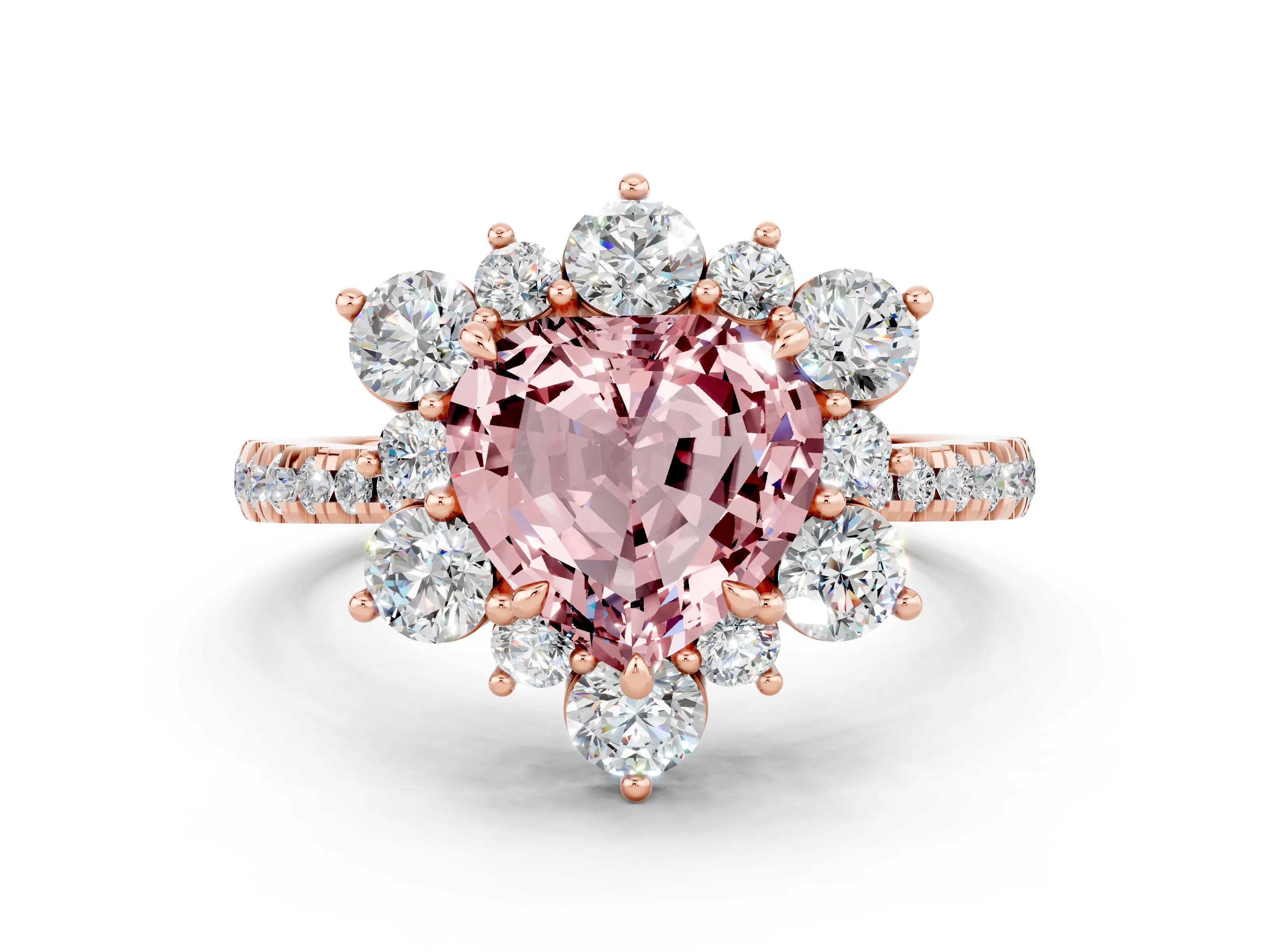 Rose gold Heart Cut Cut Diamond Floral Halo Pave Band with Prong Setting