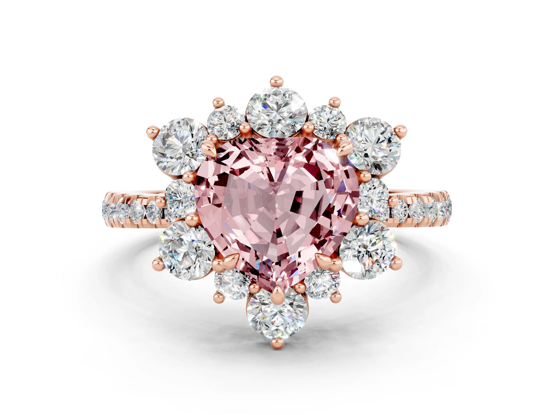 Rose gold Heart Cut Cut Diamond Floral Halo Pave Band with Prong Setting