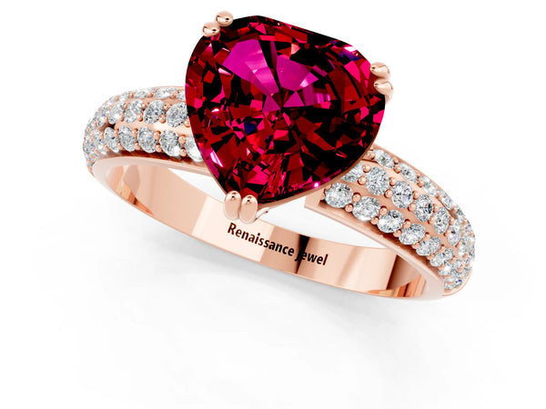 Rose gold Heart Cut Garnet Vintage Milgrain Ring with Round  Stations