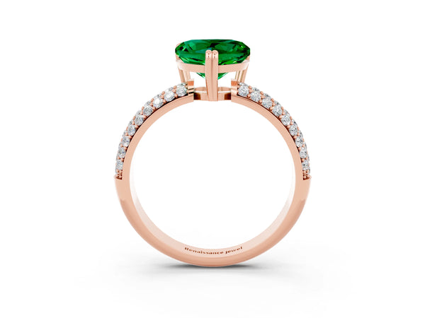 Rose gold Heart Cut Emerald Vintage Milgrain Ring with Round  Stations