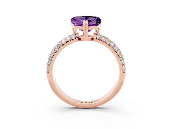 Rose gold Heart Cut Amethyst Vintage Milgrain Ring with Round  Stations