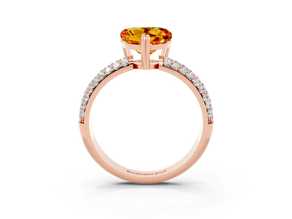 Rose gold Heart Cut Citrine Vintage Milgrain Ring with Round  Stations