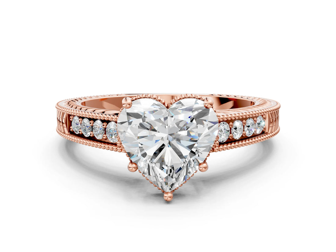 Rose gold Heart Cut Cut Diamond Milgrain Pave Band Four-Prong Setting Ring_3