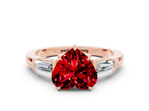 Rose gold Heart Cut Cut Diamond Ring with Tapered Baguette Side Stones in Four-Prong Setting
