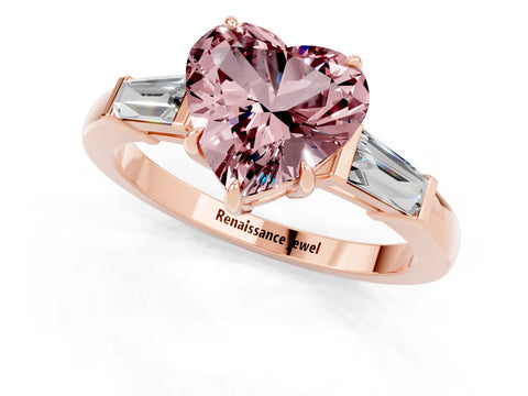 Rose gold Heart Cut Cut Diamond Ring with Tapered Baguette Side Stones in Four-Prong Setting_1