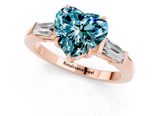 Rose gold Heart Cut Cut Diamond Ring with Tapered Baguette Side Stones in Four-Prong Setting
