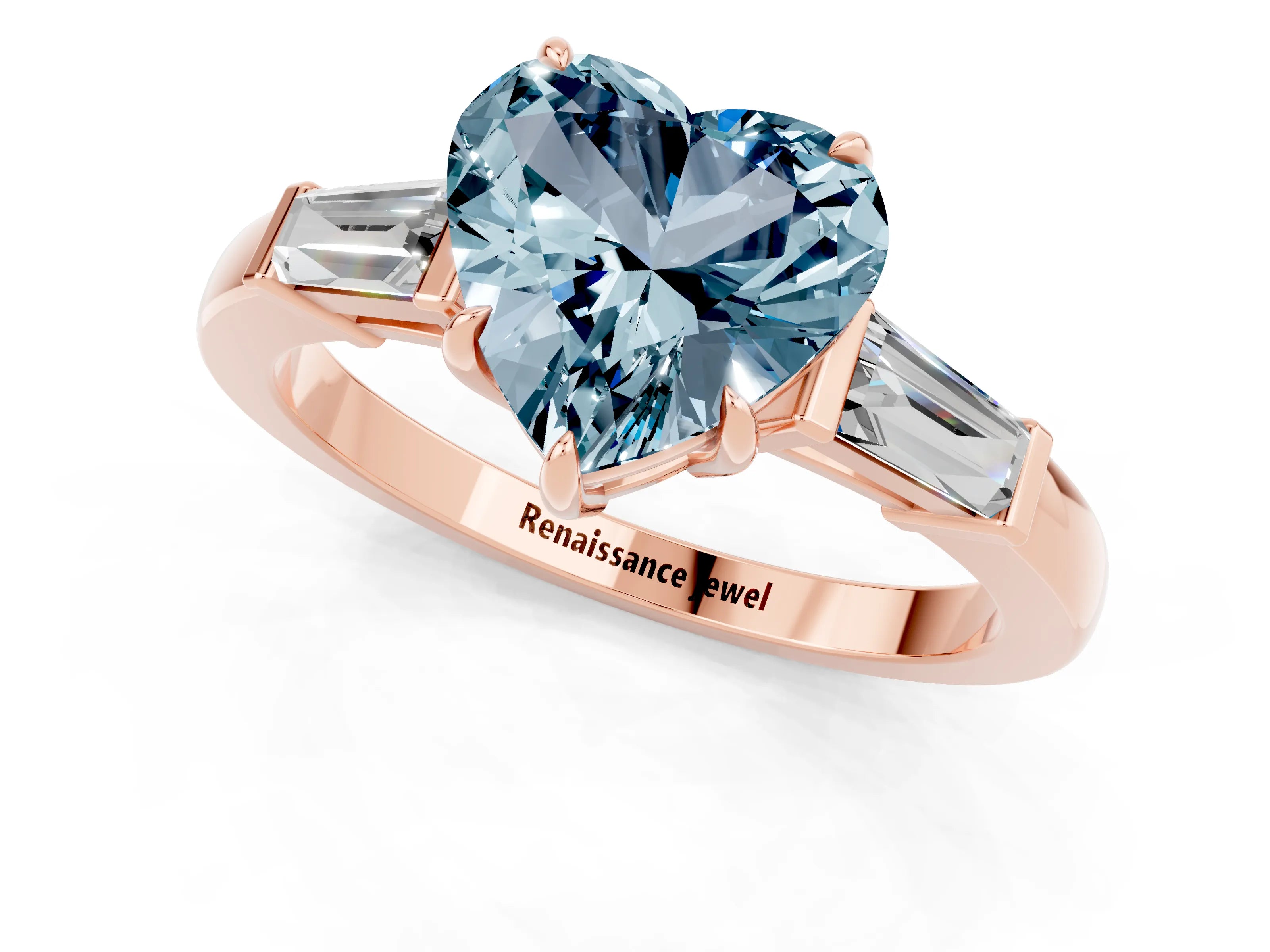 Rose gold Heart Cut Cut Diamond Ring with Tapered Baguette Side Stones in Four-Prong Setting_1
