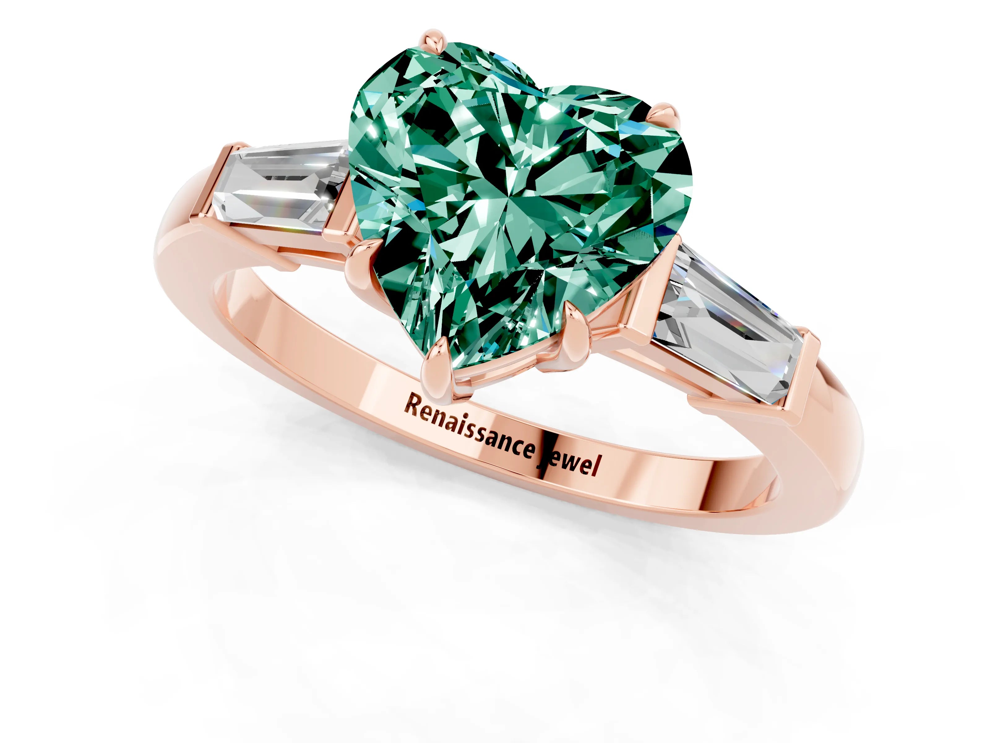Rose gold Heart Cut Cut Diamond Ring with Tapered Baguette Side Stones in Four-Prong Setting_1