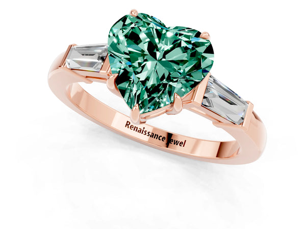 Rose gold Heart Cut Green Sapphire Three-Stone Ring with Tapered Baguette Side Stones and Prong Setting