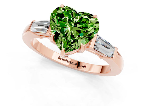 Rose gold Heart Cut Cut Diamond Ring with Tapered Baguette Side Stones in Four-Prong Setting