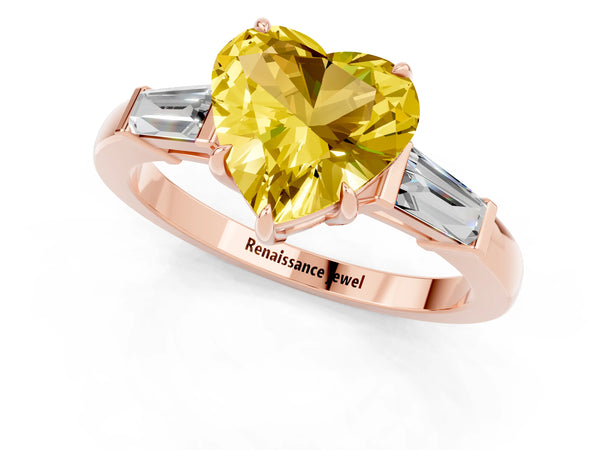 Rose gold Heart Cut Yellow Sapphire Three-Stone Ring with Tapered Baguette Side Stones and Prong Setting