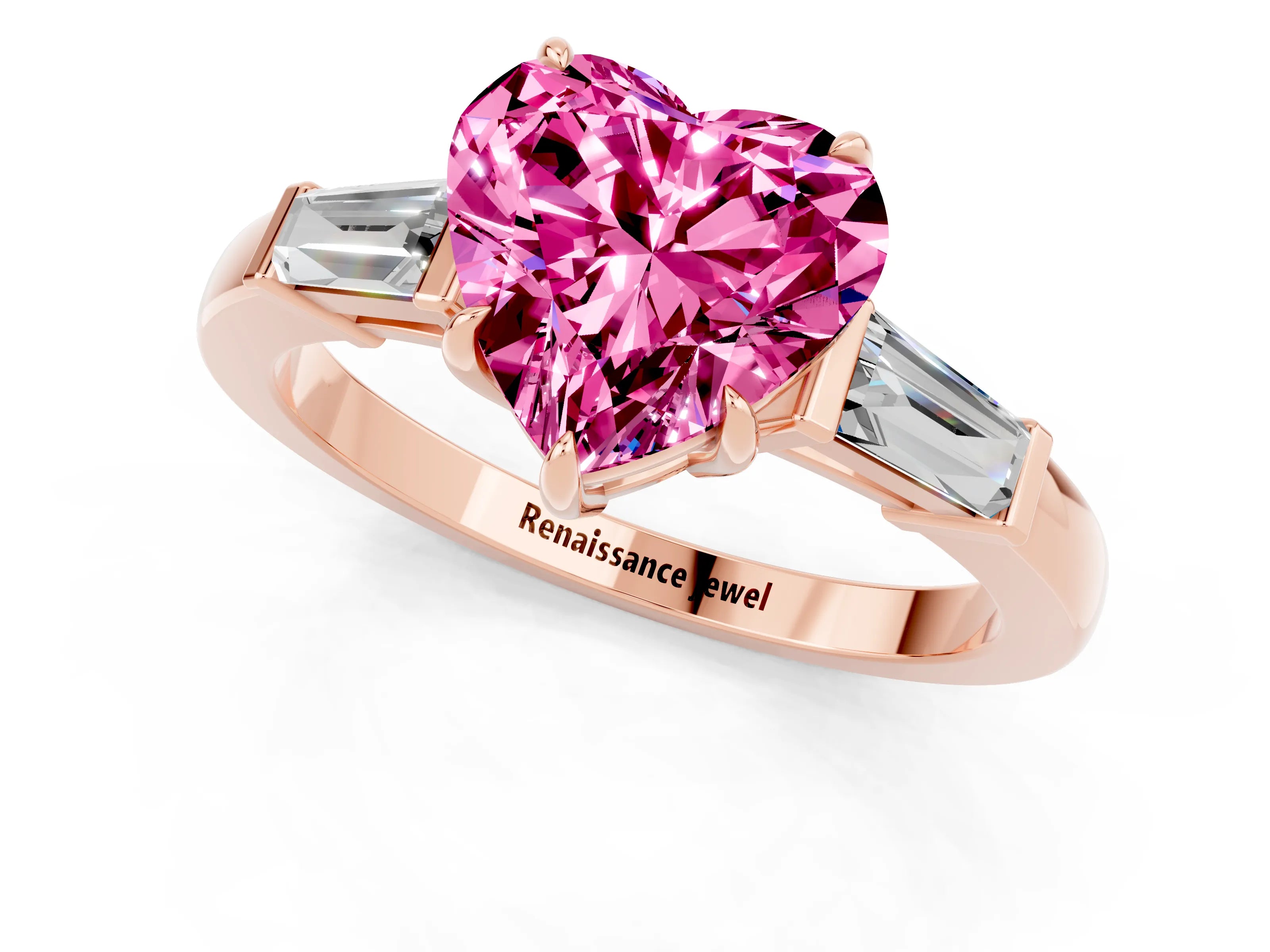 Rose gold Heart Cut Cut Diamond Ring with Tapered Baguette Side Stones in Four-Prong Setting_1