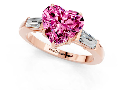 Rose gold Heart Cut Cut Diamond Ring with Tapered Baguette Side Stones in Four-Prong Setting_1