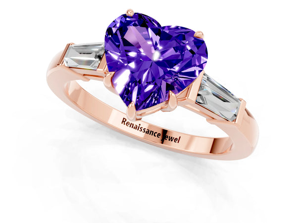 Rose gold Heart Cut Tanzanite Three-Stone Ring with Tapered Baguette Side Stones and Prong Setting