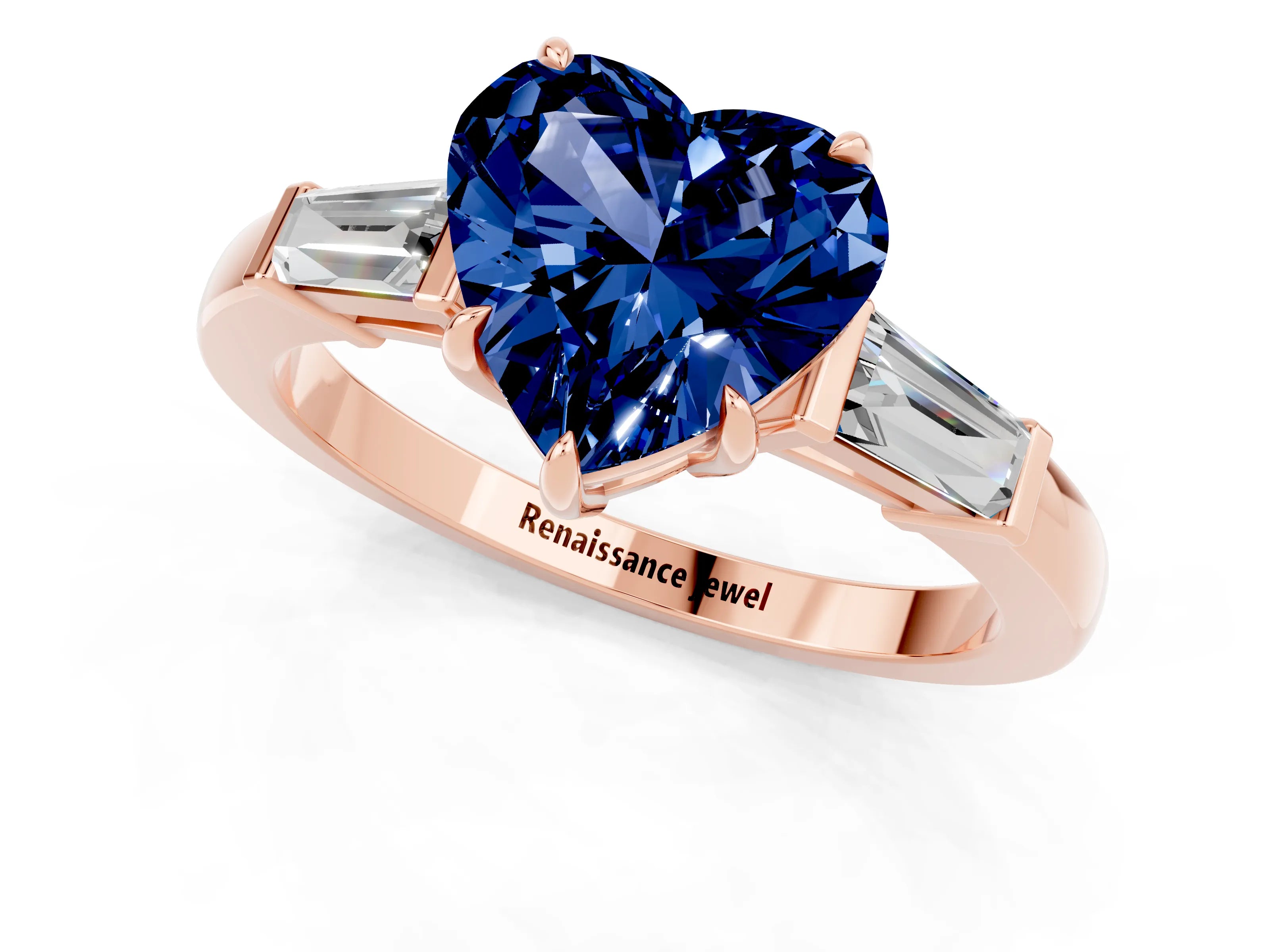 Rose gold Heart Cut Cut Diamond Ring with Tapered Baguette Side Stones in Four-Prong Setting_1