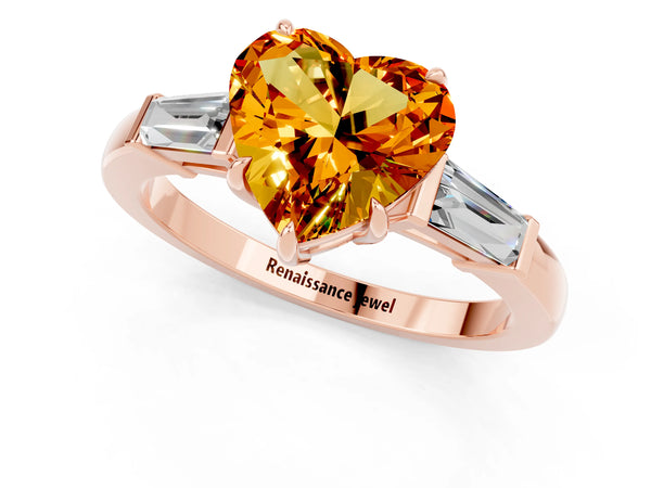 Rose gold Heart Cut Citrine Three-Stone Ring with Tapered Baguette Side Stones and Prong Setting
