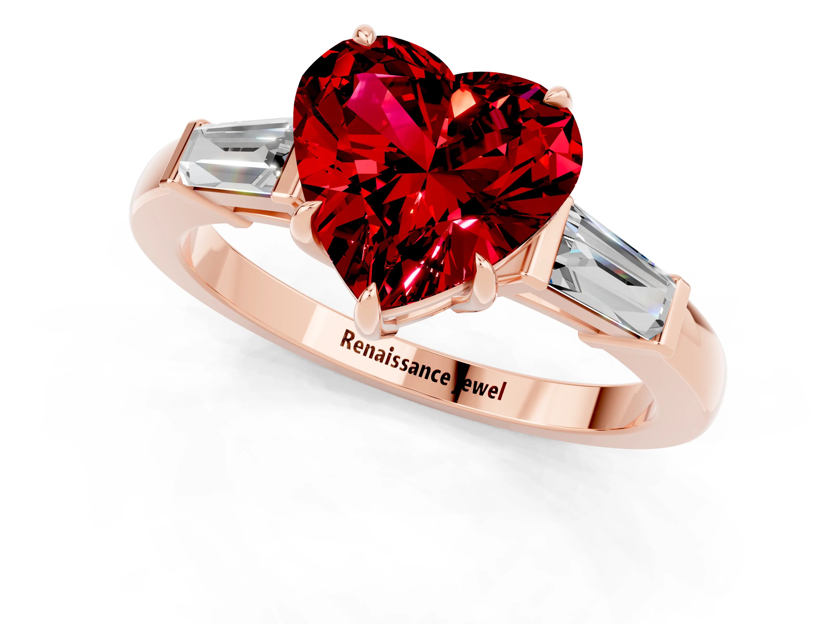 Rose gold Heart Cut Cut Diamond Ring with Tapered Baguette Side Stones in Four-Prong Setting_1