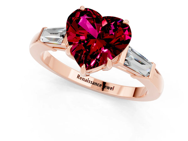 Rose gold Heart Cut Garnet Three-Stone Ring with Tapered Baguette Side Stones and Prong Setting