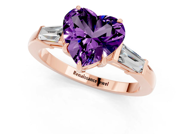Rose gold Heart Cut Amethyst Three-Stone Ring with Tapered Baguette Side Stones and Prong Setting