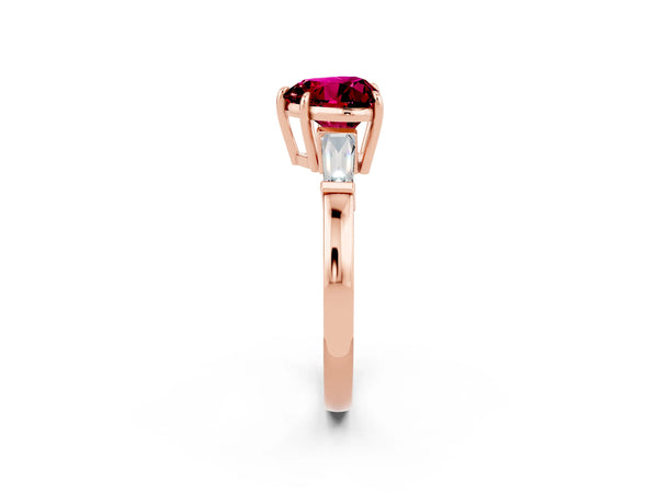 Rose gold Heart Cut Garnet Three-Stone Ring with Tapered Baguette Side Stones and Prong Setting
