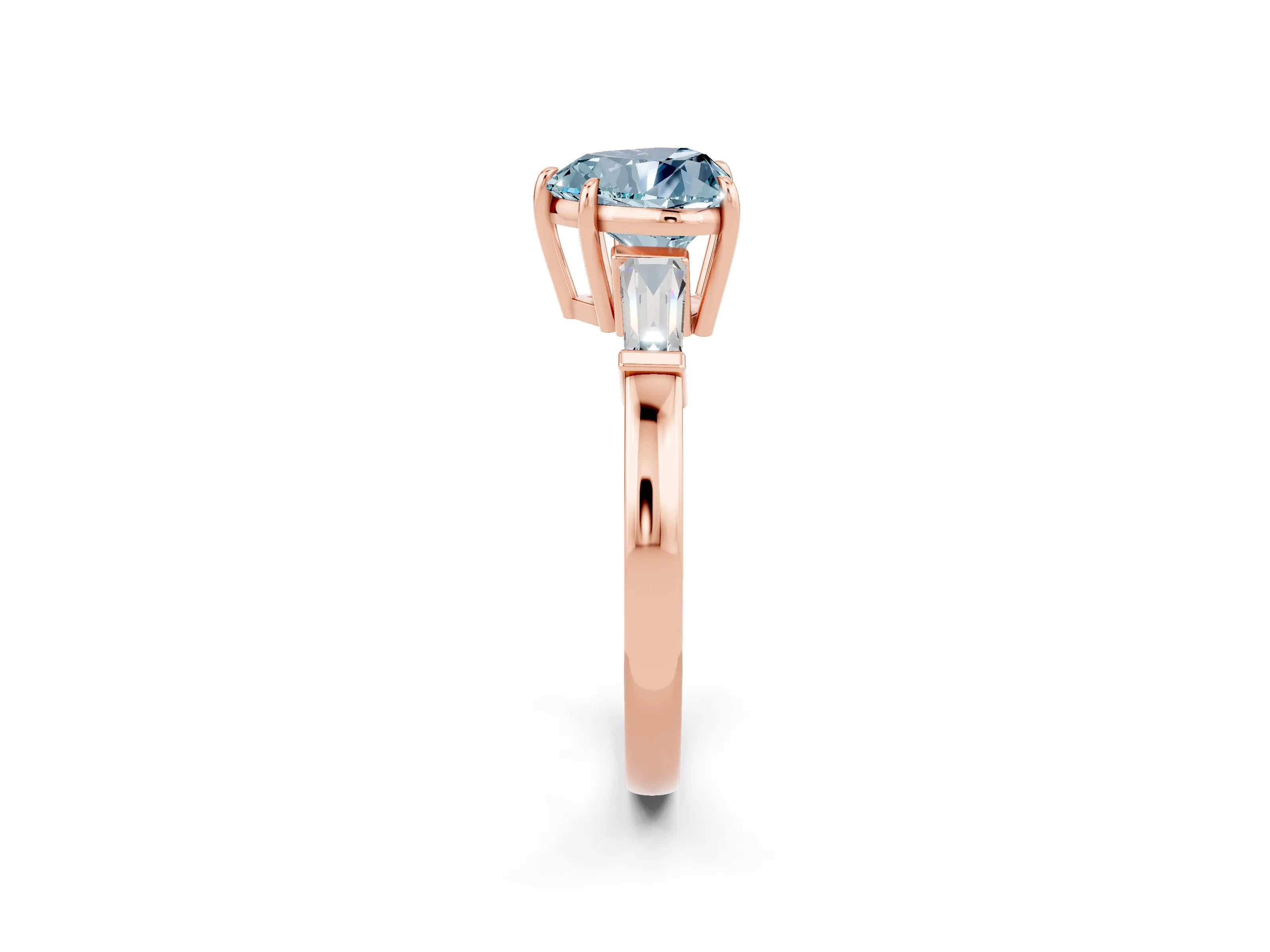 Rose gold Heart Cut Cut Diamond Ring with Tapered Baguette Side Stones in Four-Prong Setting_2