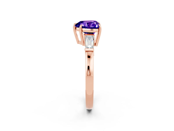 Rose gold Heart Cut Tanzanite Three-Stone Ring with Tapered Baguette Side Stones and Prong Setting