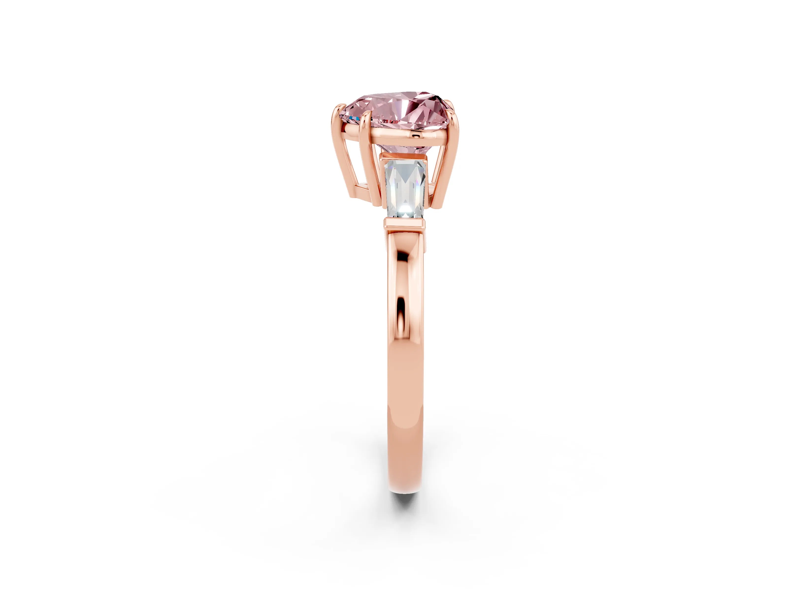 Rose gold Heart Cut Cut Diamond Ring with Tapered Baguette Side Stones in Four-Prong Setting_2