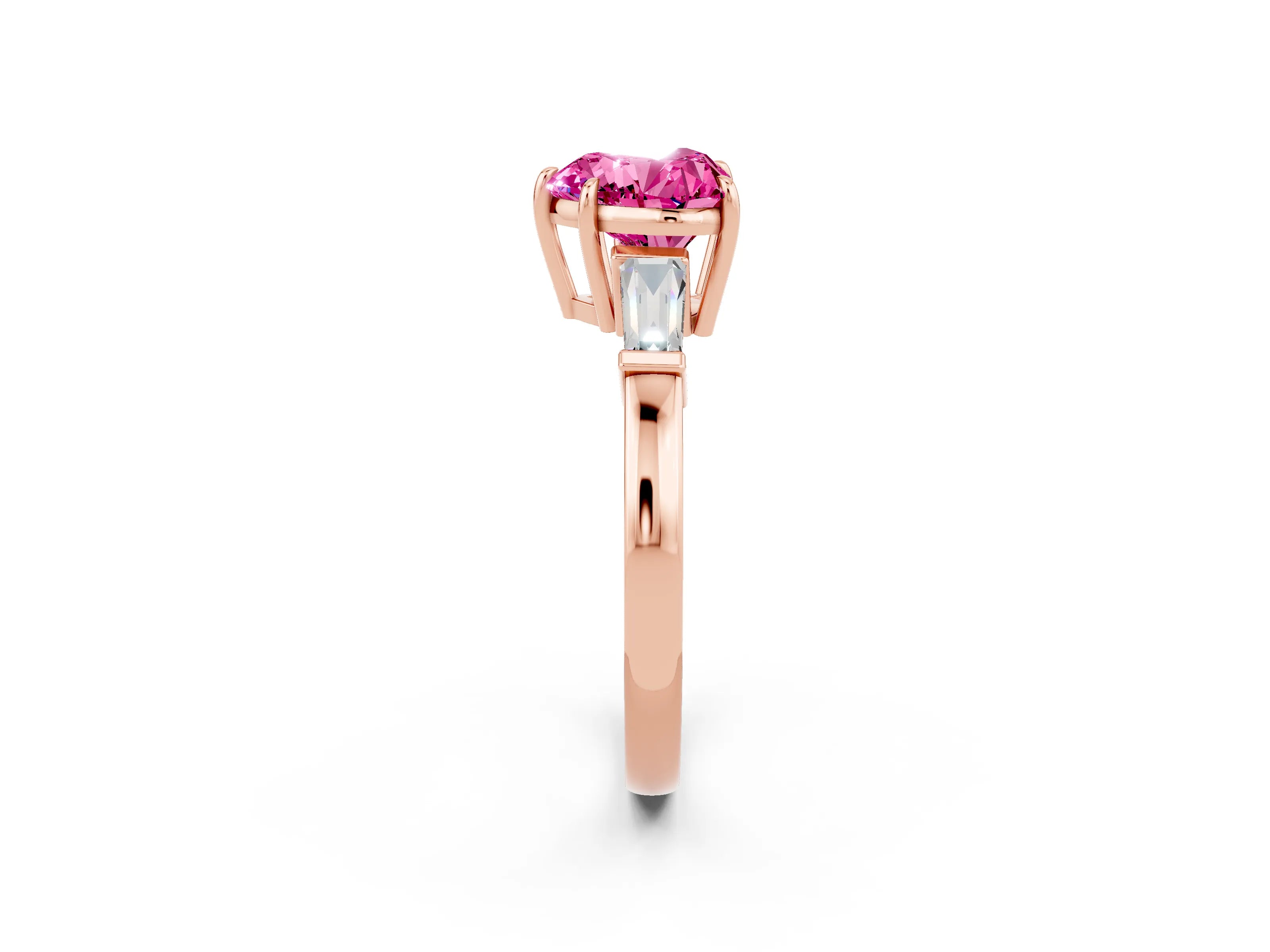 Rose gold Heart Cut Cut Diamond Ring with Tapered Baguette Side Stones in Four-Prong Setting_2