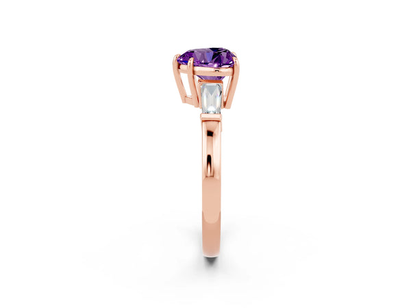 Rose gold Heart Cut Amethyst Three-Stone Ring with Tapered Baguette Side Stones and Prong Setting