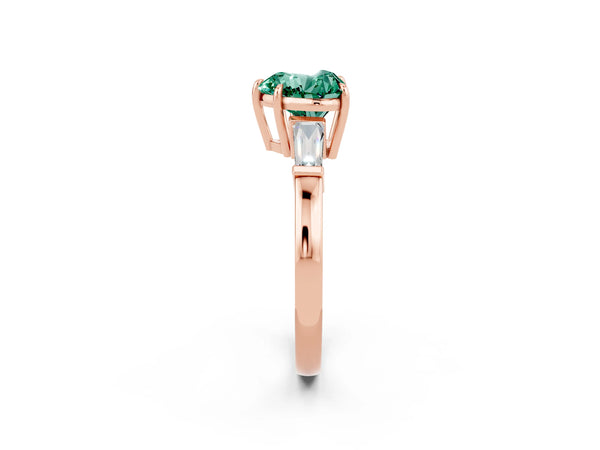 Rose gold Heart Cut Green Sapphire Three-Stone Ring with Tapered Baguette Side Stones and Prong Setting