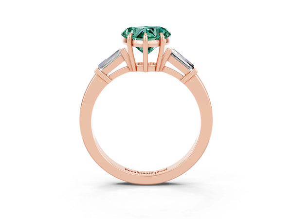 Rose gold Heart Cut Green Sapphire Three-Stone Ring with Tapered Baguette Side Stones and Prong Setting