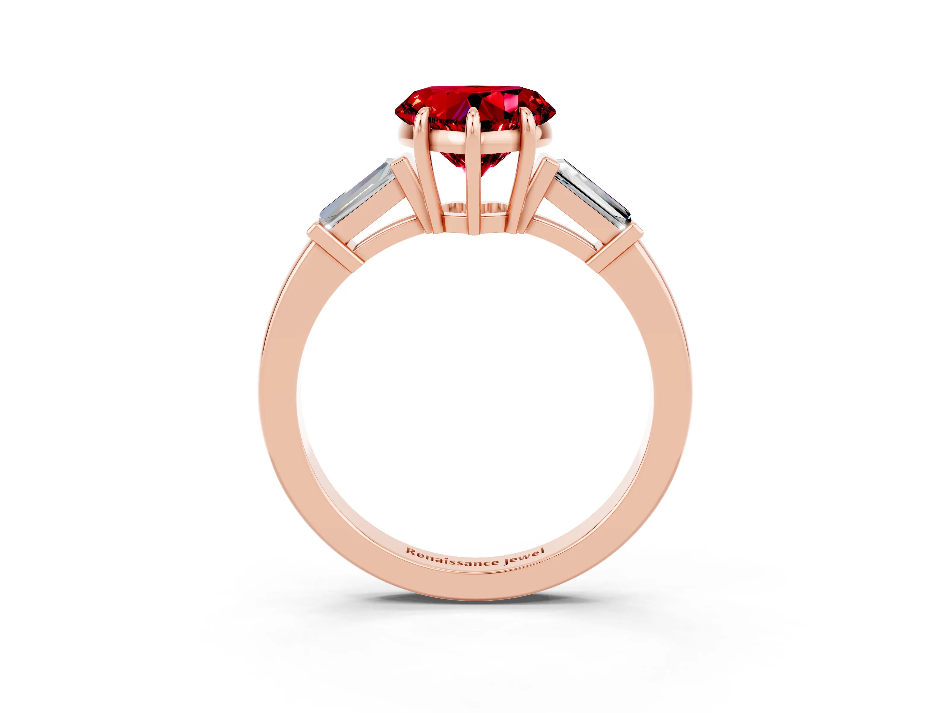 Rose gold Heart Cut Cut Diamond Ring with Tapered Baguette Side Stones in Four-Prong Setting_3