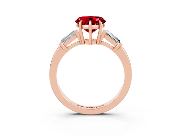 Rose gold Heart Cut Cut Diamond Ring with Tapered Baguette Side Stones in Four-Prong Setting