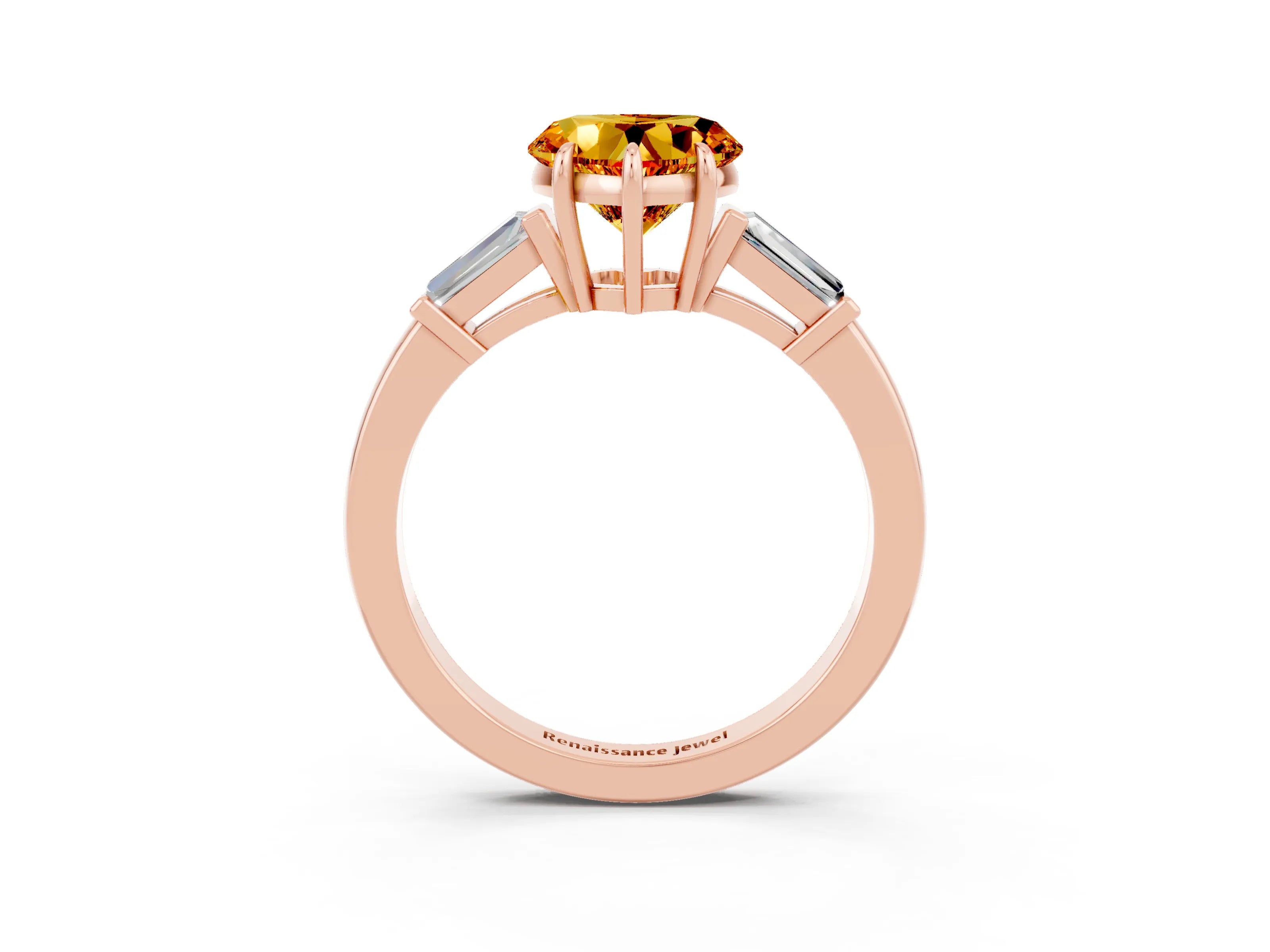 Rose gold Heart Cut Cut Diamond Ring with Tapered Baguette Side Stones in Four-Prong Setting_3