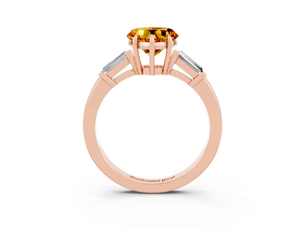 Rose gold Heart Cut Citrine Three-Stone Ring with Tapered Baguette Side Stones and Prong Setting