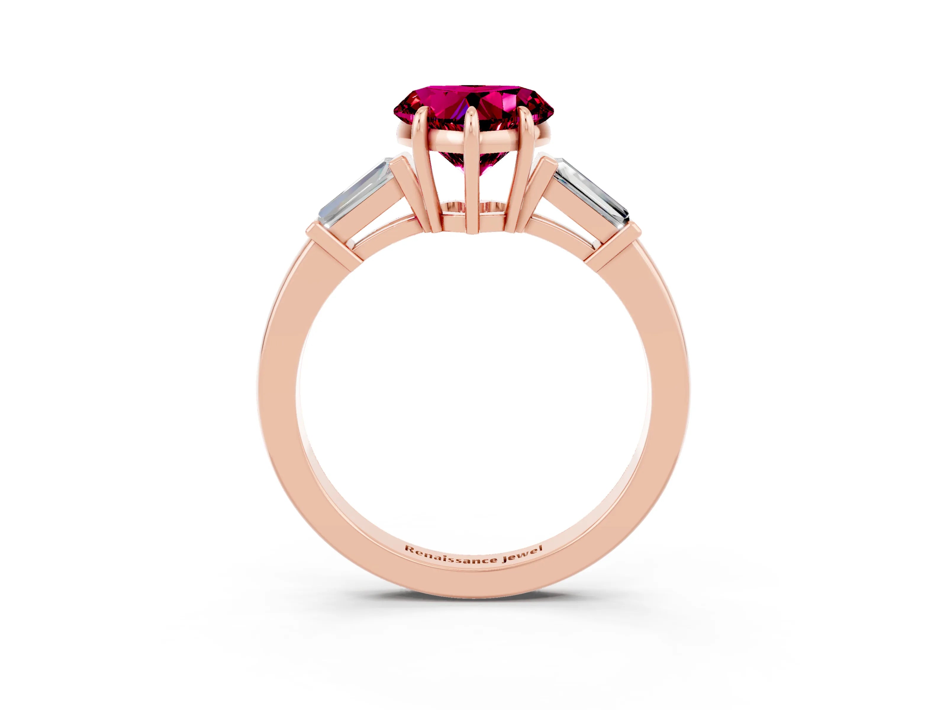 Rose gold Heart Cut Cut Diamond Ring with Tapered Baguette Side Stones in Four-Prong Setting_3