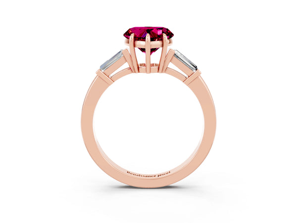 Rose gold Heart Cut Garnet Three-Stone Ring with Tapered Baguette Side Stones and Prong Setting