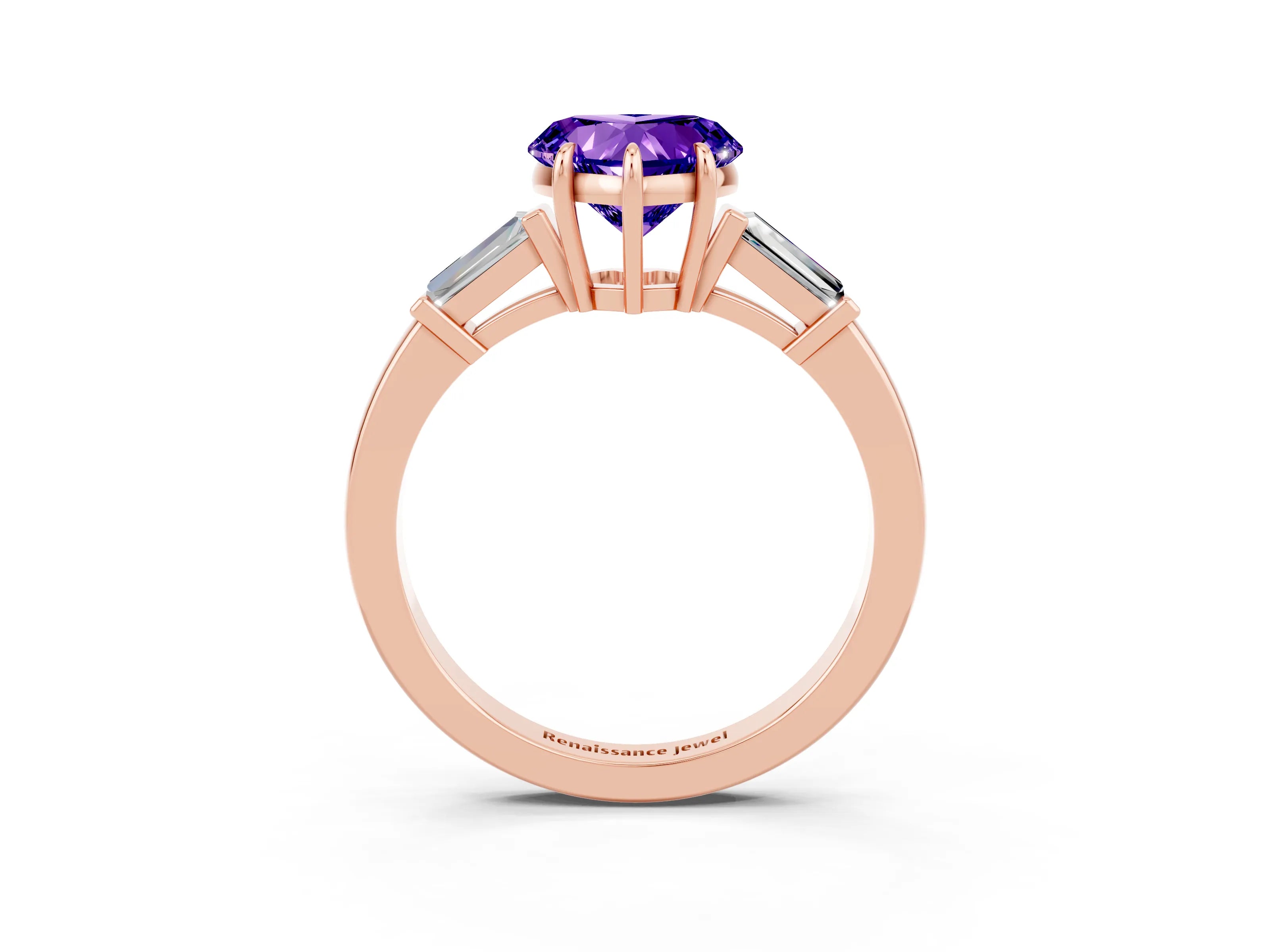 Rose gold Heart Cut Cut Diamond Ring with Tapered Baguette Side Stones in Four-Prong Setting_3