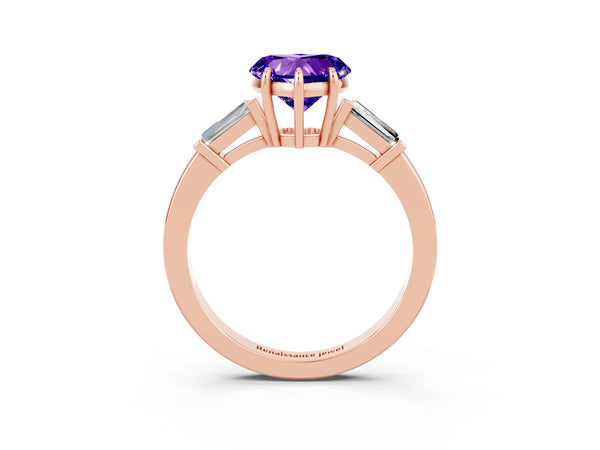 Rose gold Heart Cut Tanzanite Three-Stone Ring with Tapered Baguette Side Stones and Prong Setting