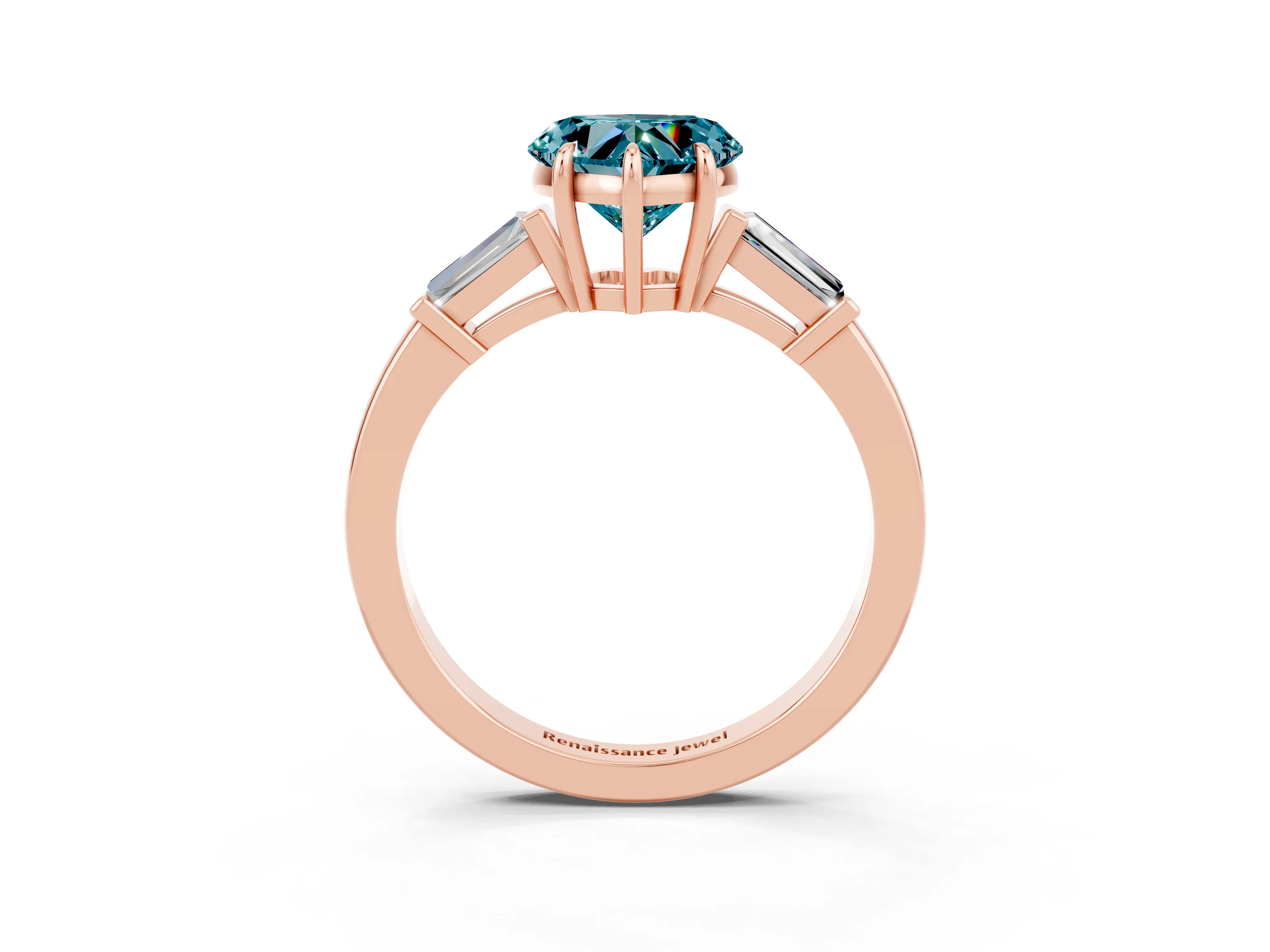 Rose gold Heart Cut Cut Diamond Ring with Tapered Baguette Side Stones in Four-Prong Setting_3