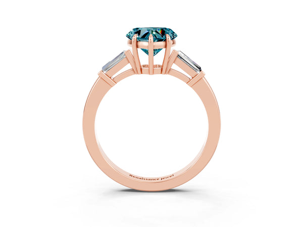 Rose gold Heart Cut Cut Diamond Ring with Tapered Baguette Side Stones in Four-Prong Setting